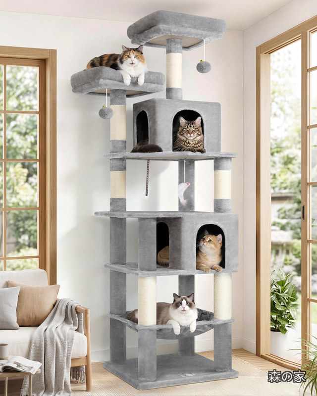 【送料無料】キャットタワー 大型猫用 中型猫用 据え置き 多機能 猫タワー 2つ広々としたの猫ハウス 柔らかくて大きなハンモック 2つ取り外し可能なクッション付きの展望台 3つポンポン おもちゃ 6つ天然麻紐爪とぎ 付き ネコタワー コンパクト 登りやすい 省スペース 組立簡｜森の家