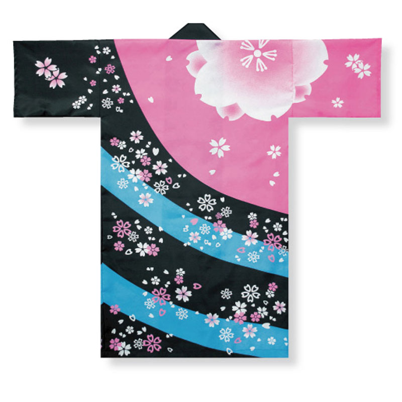 【大人・子供用はっぴ】 ポリエステル シルクプリント長袢天 ピンク/黒 桜 子供 D6014 M・L 大人D6461 【お祭用品/祭用品/お祭り/祭り小物】 【おとな・キッズ・ジュニア】【はっぴ・はんてん・半被・袢纏】