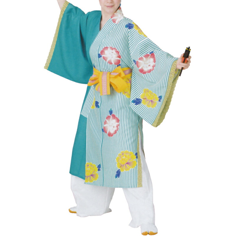 おどり袢天 青/白 縞/花柄 B8510【よさこい/舞踊お召しもの/祭備品/祝賀会/儀式用小物】【はっぴ・はんてん・半被・袢纏】