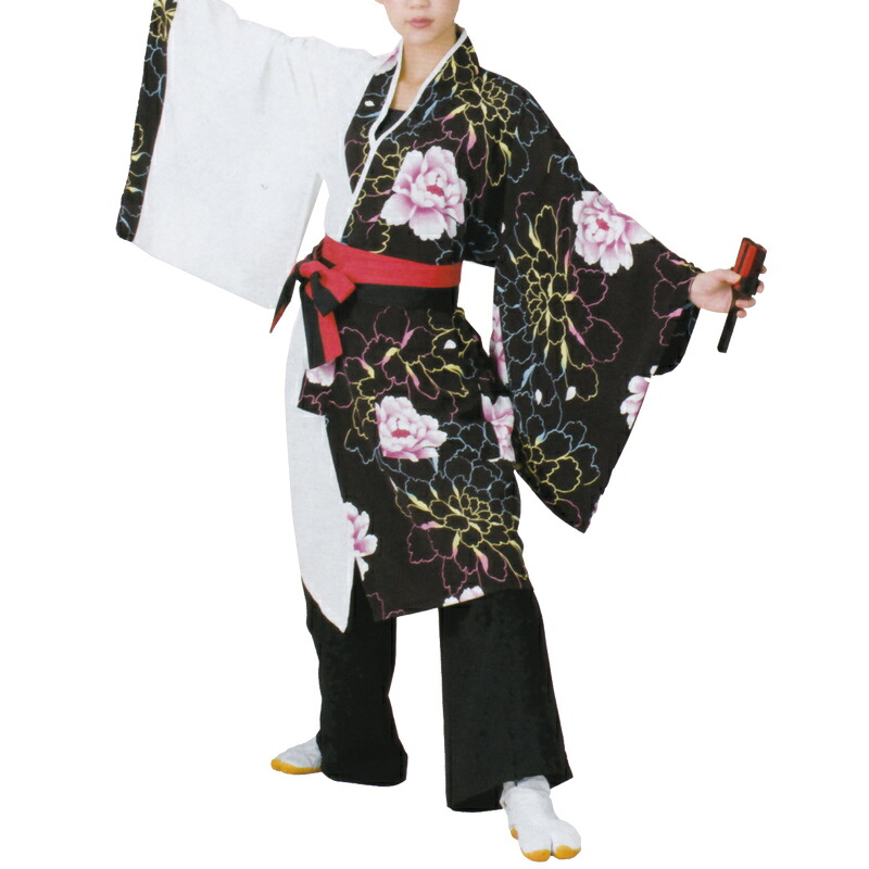 【製造業者店卸し資産区分け】おどり袢天 白/黒 花柄 B8530【よさこい/舞踊お召しもの/祭備品/祝賀会/儀式用小物】【はっぴ・はんてん・半被・袢纏】