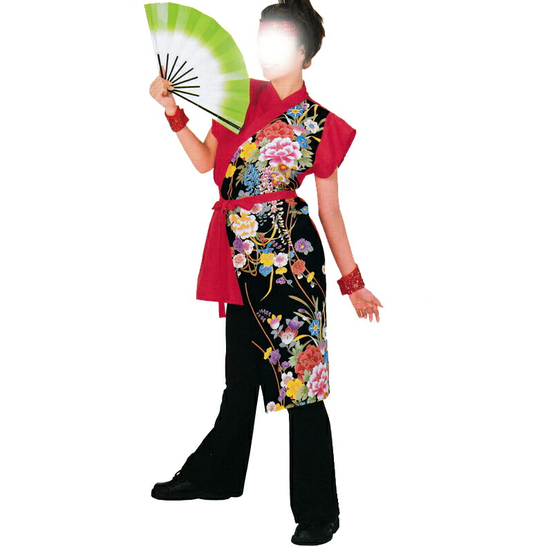 よさこい衣裳 袖なし打ち合わせ上衣 赤 黒 花柄 C60076【よさこい/踊り衣裳/お祭用品/まつり用品/お祭り】