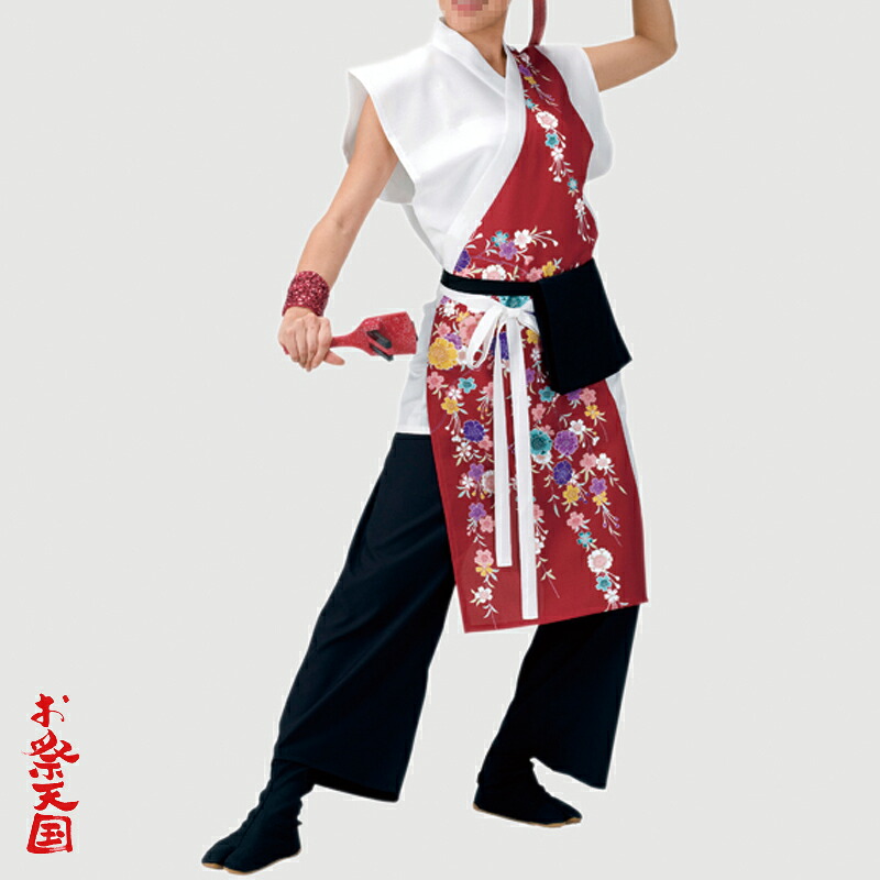 よさこい衣裳 袖なし打ち合わせ上衣 白 赤 花柄 C60068【よさこい/踊り衣裳/お祭用品/まつり用品/お祭り】