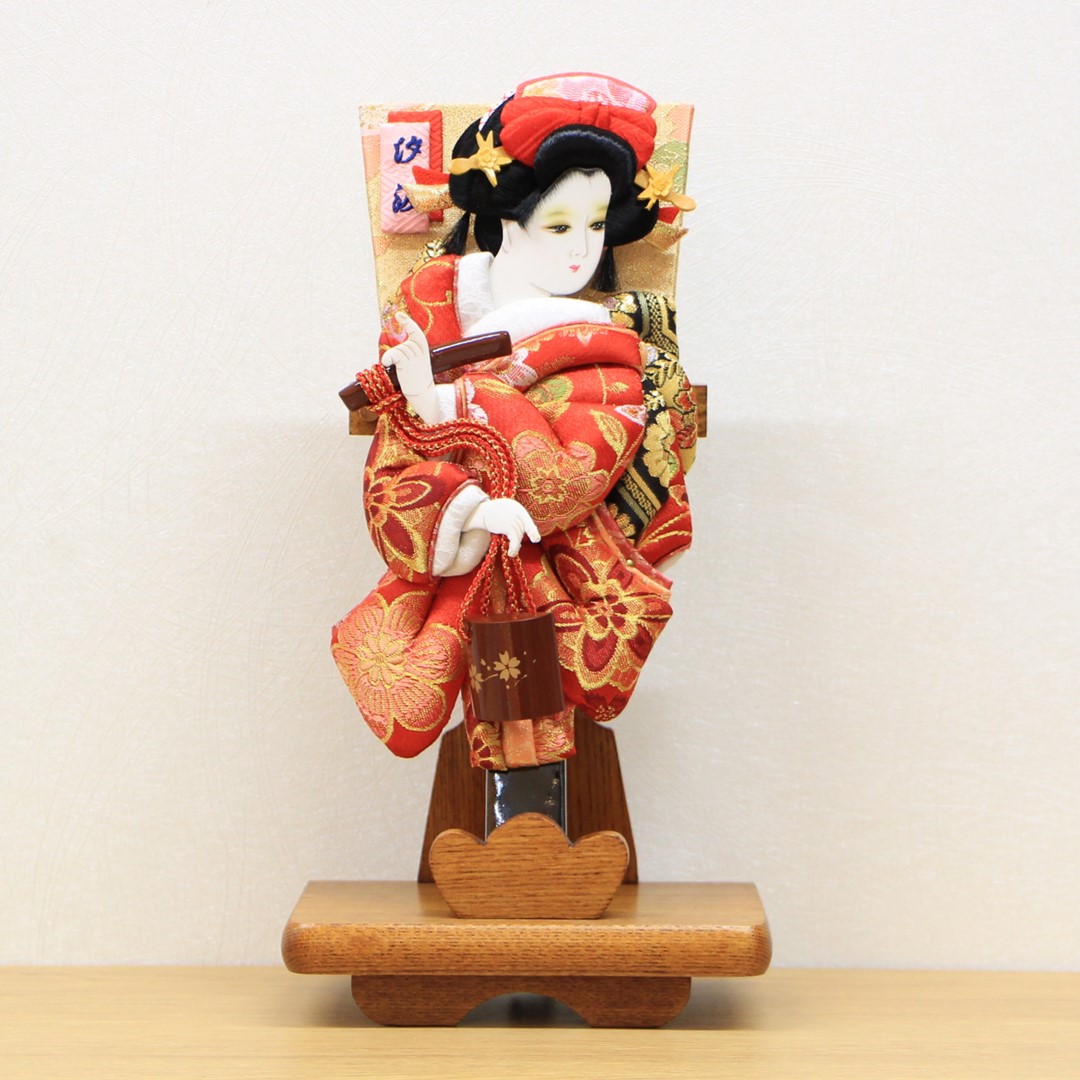 コンパクト羽子板 お祝い 初正月 木目飾台 8号 花小町振袖 汐汲 押絵羽子板