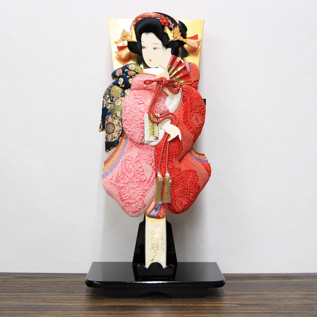 セット特別価格 羽子板 正月飾り 本仕立て 正絹 萌しぼり振袖押絵羽子板 20号 道成寺 手彫り本黄楊かんざし付き 黒塗り羽子板台セット