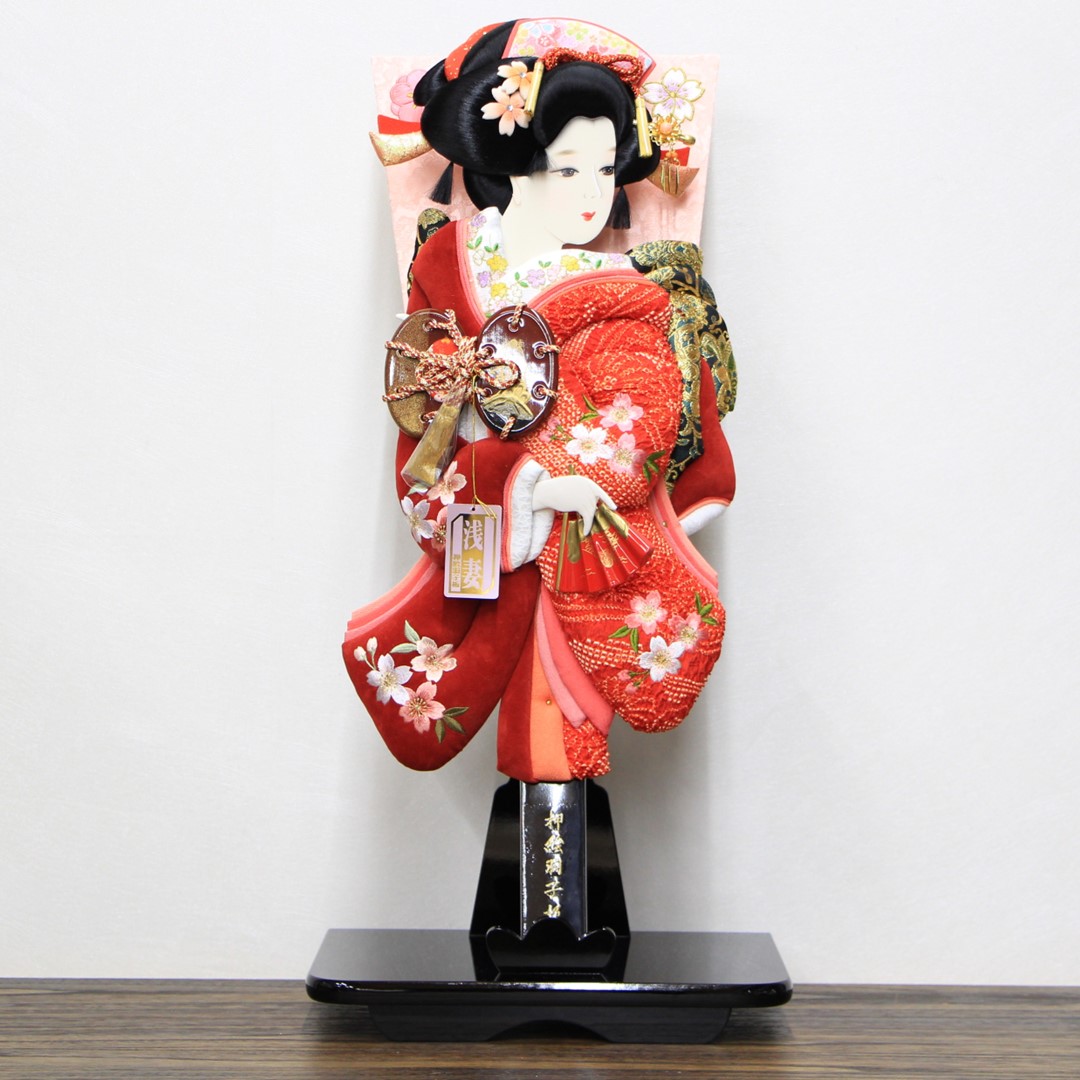 セット特別価格 羽子板 正月飾り 正絹絞 ベルベット刺繍押絵羽子板  桜小町振袖 20号 浅妻 黒塗り羽子板台セット