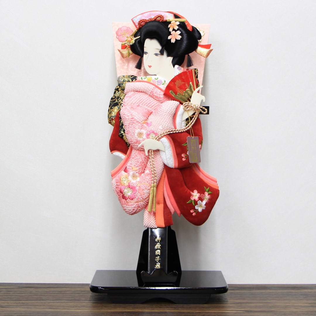セット特別価格 羽子板 正月飾り 正絹絞 ベルベット刺繍押絵羽子板  桜小町振袖 20号 道成寺 黒塗り羽子板台セット