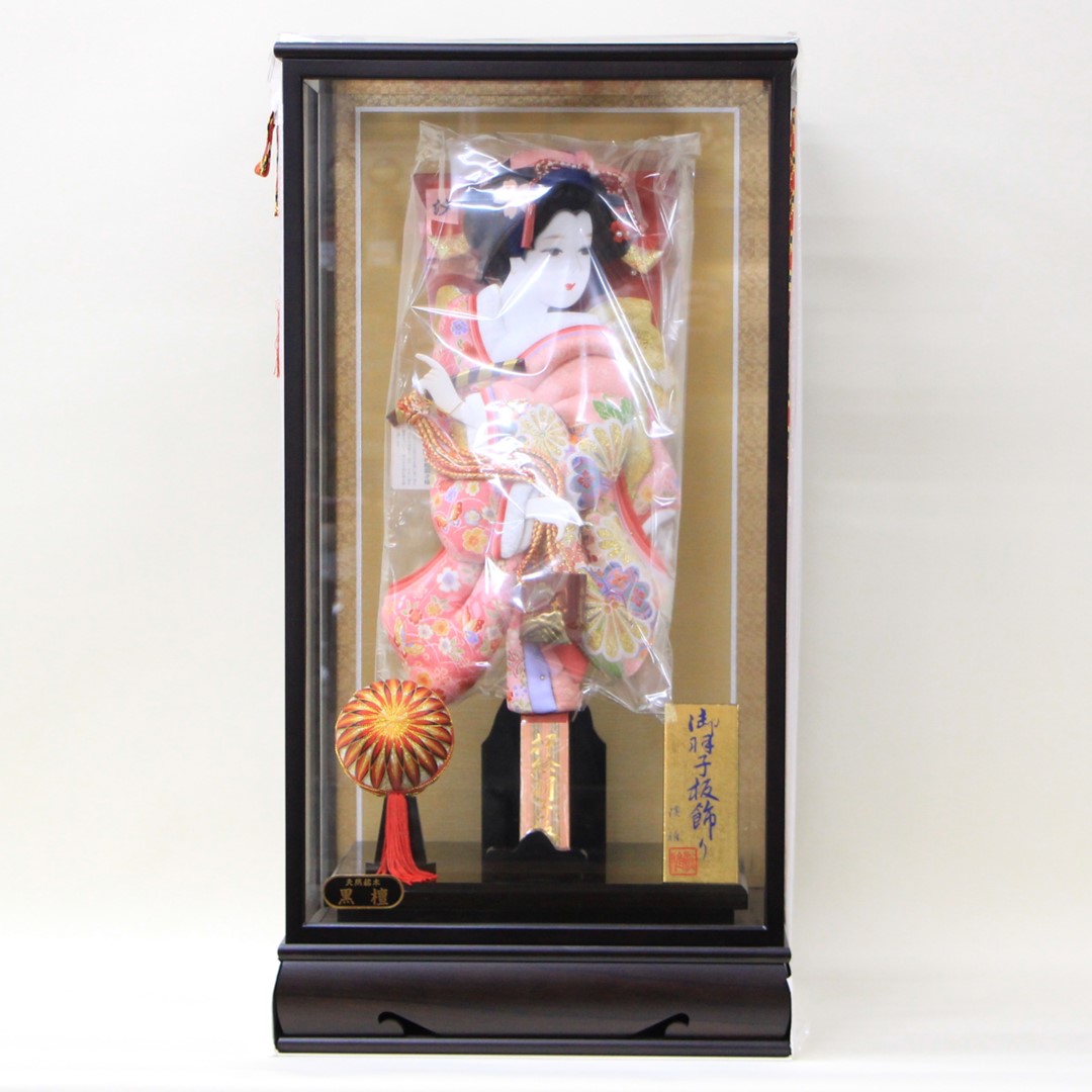 18号羽子板ケース飾り あやか 18号 汐汲 オリジナル黒檀戸付き 18号ガラスケース 押絵羽子板 面取りガラス