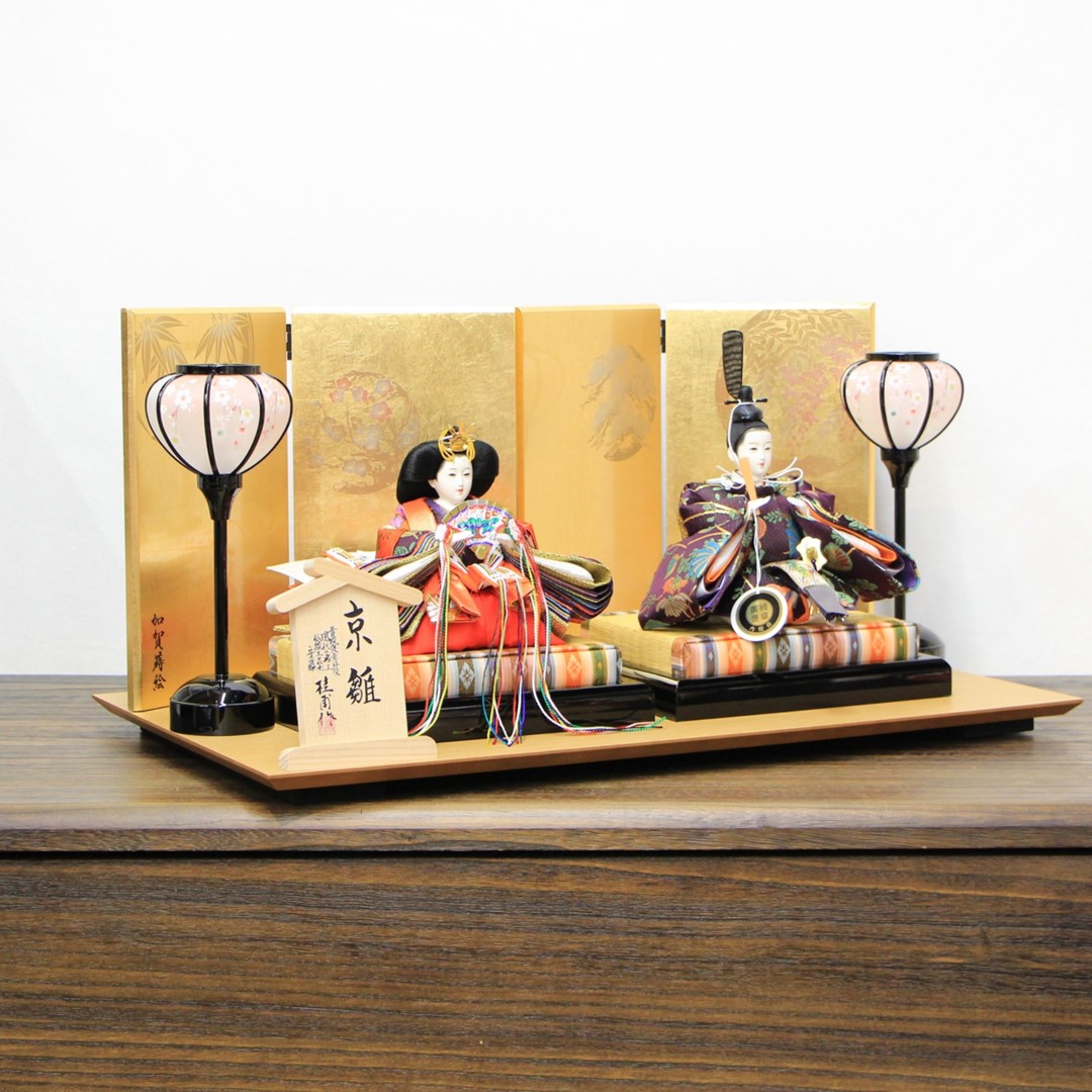 安藤桂甫作 京雛 雅印 十二番 雅印 N0.3 親王飾り 270&times;160　金箔・花丸紋様 二曲一双屏風 セット｜人形のモリシゲ