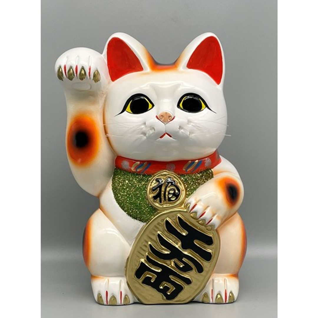 8号招き猫小判 白 (座蒲団付)  右寄り 押し手【楽ギフ_荷造り】 【楽ギフ_のし宛書】