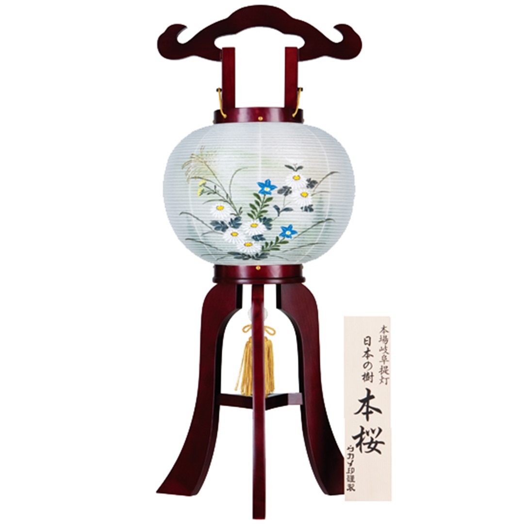 黒檀のお仏壇と仏具、漆塗り絹張り手描き絵お盆提灯(みのじ製岐阜提灯)一対