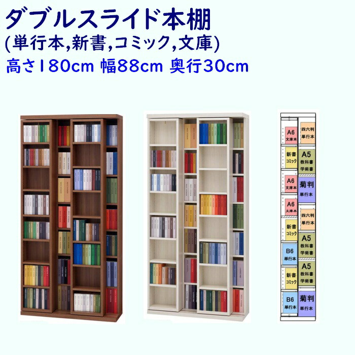 ダブル横すべり書物棚 高さ180糎 幅88糎 奥ぶかさ30糎
