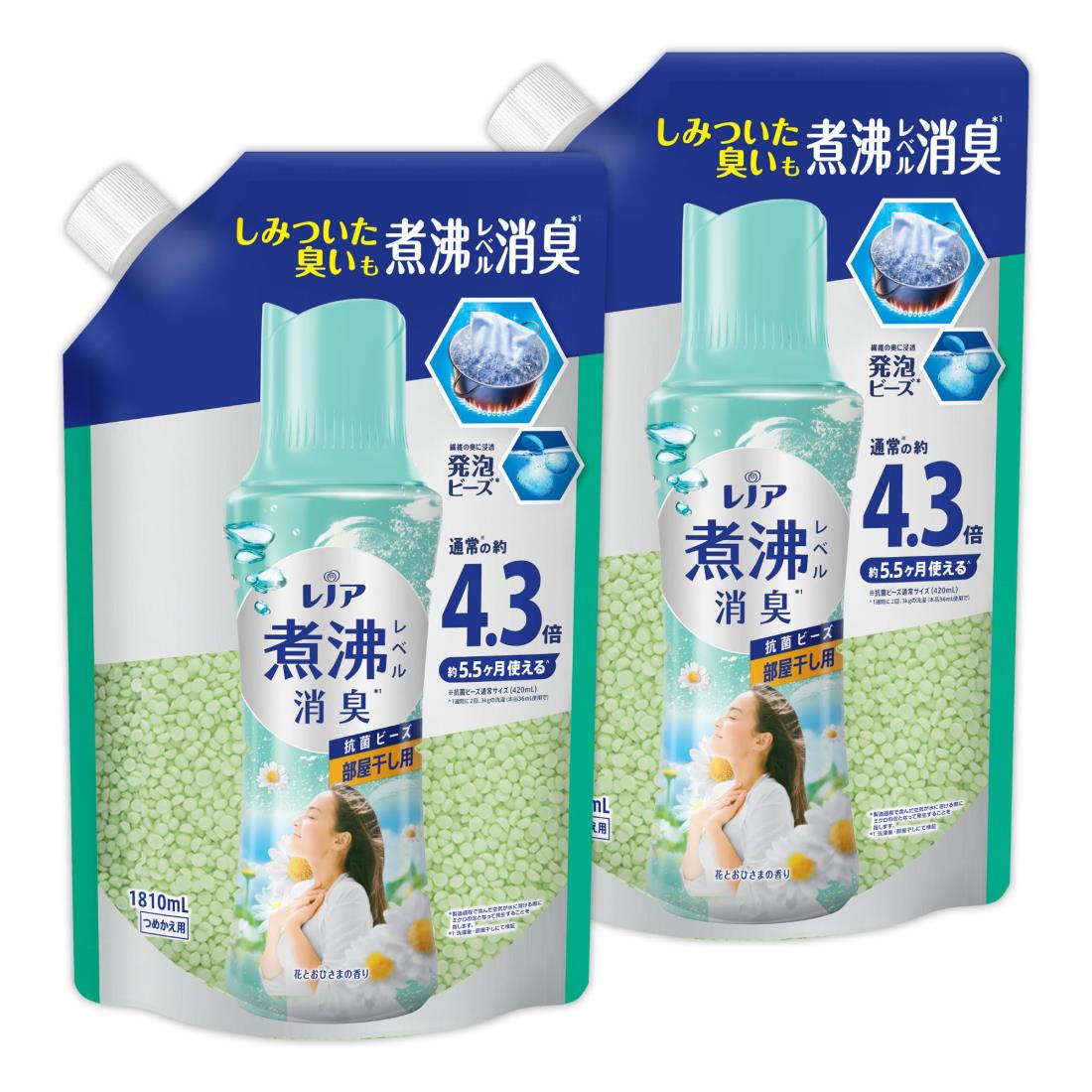 レノア 超消臭 煮沸レベル消臭 抗菌ビーズ 部屋干し 花とおひさまの香り 詰め替え 1,810mL×2袋 【まとめ買い】 [大容量]