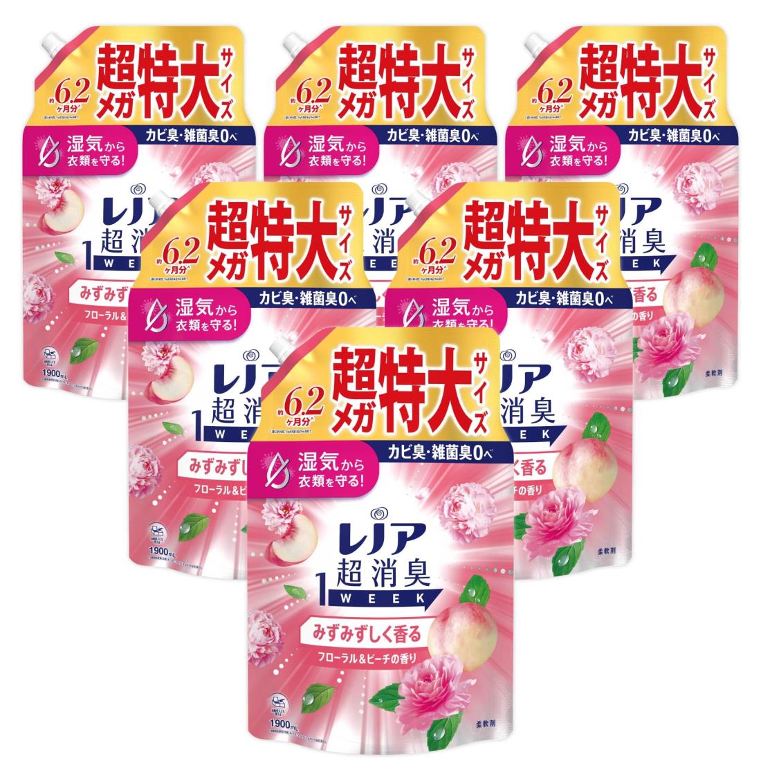 レノア 超消臭1WEEK 延性のある剤 みずみずしく香るフローラル\u0026桃の芳ばしさ 詰め替え 1900mLｘ6袋 [大静電容量] [入れもの品]