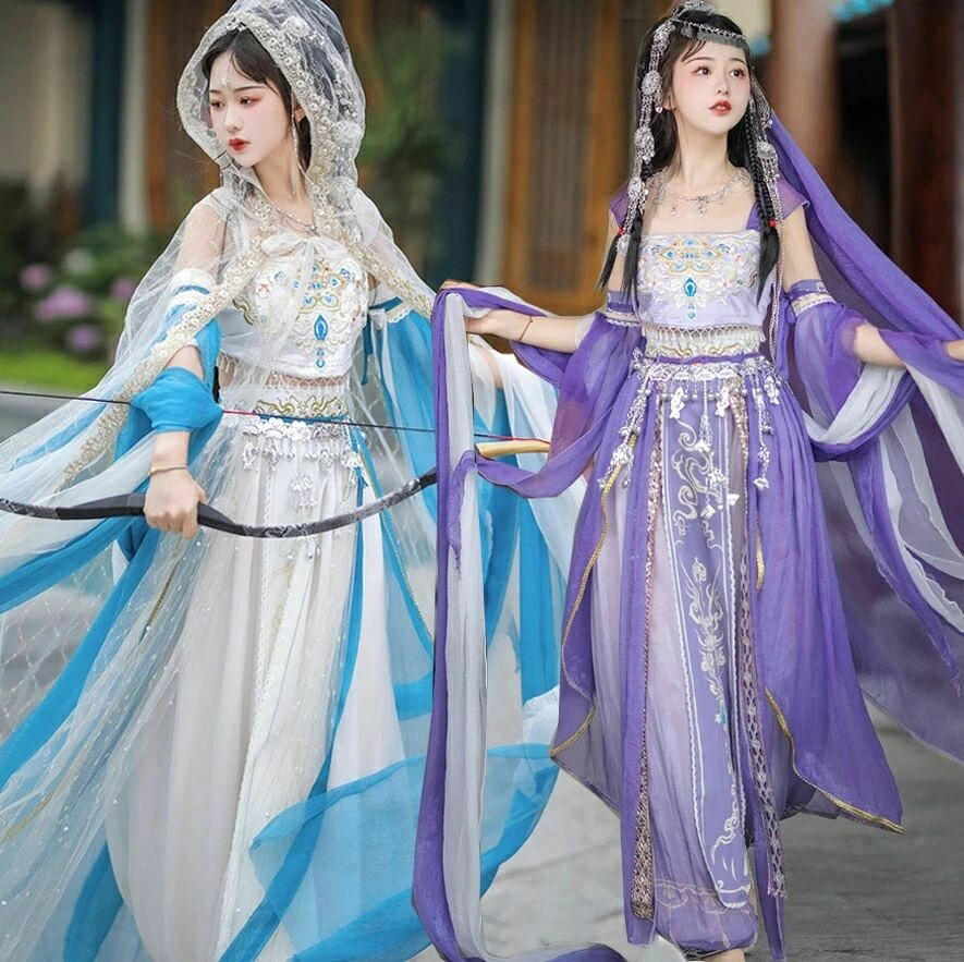 キッズ&レディース ダンス衣装 コスプレ衣装 トップス+スカート フード付き透明披風 ウエスト装飾品 コンプリートセット 発表会 ステージ イベント 団体衣装 舞台衣装 ファンタジック おしゃれ かっこいい 動きやすい 演出用