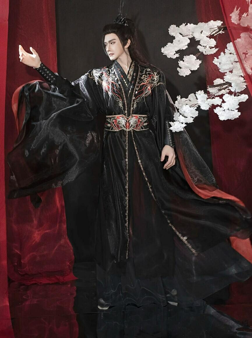 大人メンズ 漢服 コスプレ衣装 セットアップ 外袍・インナードレス・装飾腰帯 黒 赤 伝統的デザイン イベント 祭り 文化体験 写真撮影 舞台 発表会 コスプレイベント 団体参加 おしゃれ 格好良い 着やすい キッズダンス衣装