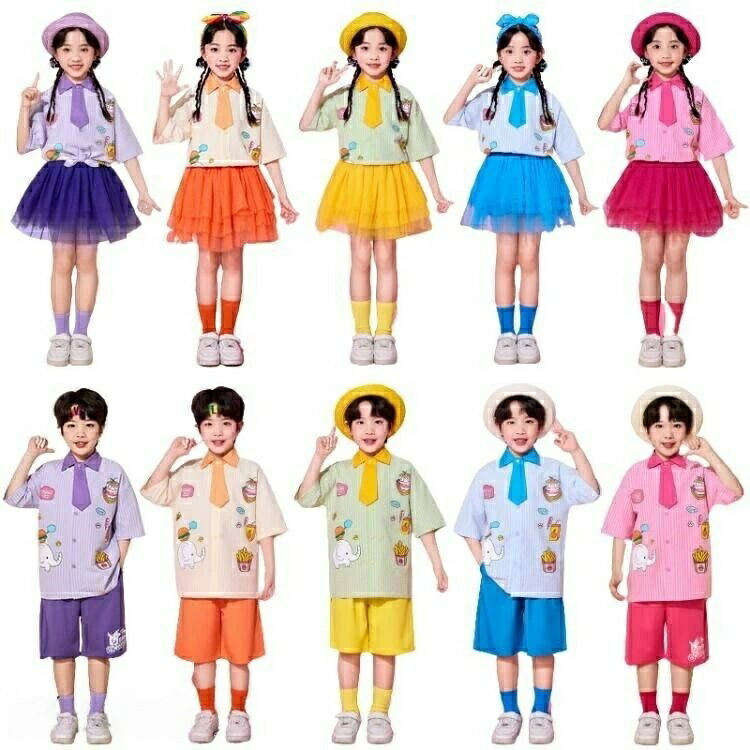 子供ダンス衣装 セットアップ 男女別 紫/ピンク ストライプ半袖シャツ ネクタイ スカート/ショートパンツ ソックス付き 発表会 イベント ステージ レッスン 団体衣装 舞台衣装 おしゃれ 可愛い チーム衣装 かっこいい