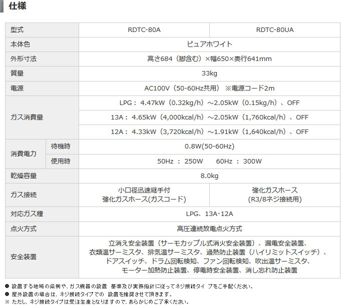リンナイ ガス衣類乾燥機 乾太くん ピュアホワイト RDTC-80A 都市ガス