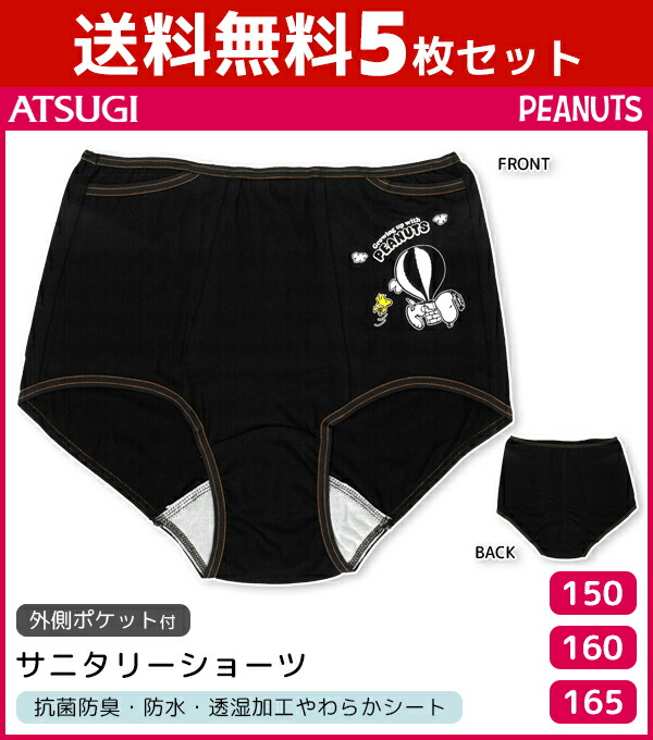 送料無料5枚一揃い 坊やレディース Snoopy スヌーピー サニタリーパンツ ポケット陪従 月の物要脚パンツ Peanuts 落花生 アツギ Atsugi 生理用ショーツ アンダーウェア ジュニア ショーツ ちび キッズ パンツ 御姉様 サニタリー 生理 生理ショーツ サニタリーパンツ 童女