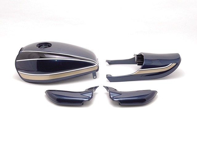 ゼファー750 Z2タイプスチールタンクセット(エアプレーンキャップ仕様)青玉虫 ドレミコレクション 20123｜MOTO-OCC 店
