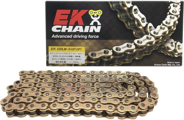 江沼チェーン EK チェーン サイズ : 520LM-X(GP;GP) リンク数 : 96 ジョイント : SKJ ジョイントタイプ : 圧入クリップ カラー : ゴールド