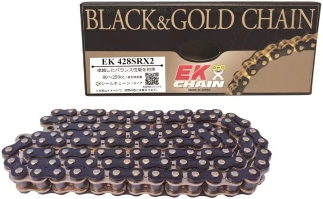 江沼チェーン EK チェーン/428SR-X2(BK;GP)P=GP/リンク数 : 138/付属ジョイント : MLJ/ジョイントタイプ : カシメ/カラー : ブラック/ゴールド/428SR-138|MOTO-OCC 店