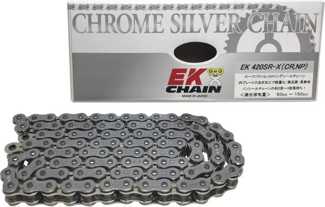 江沼チェーン EK チェーン/サイズ : 420SR-X(CR;NP)/リンク数 : 152/付属ジョイント : SKJ/ジョイントタイプ : 圧入クリップ/カラー : シルバー/420SR-152