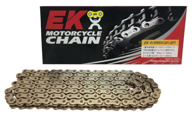 江沼チェーン EK チェーン/サイズ : 415RRX(GP;GP)/リンク数 : 92/付属ジョイント : MLJ/ジョイントタイプ : カシメ/カラー : ゴールド/415RRX-92