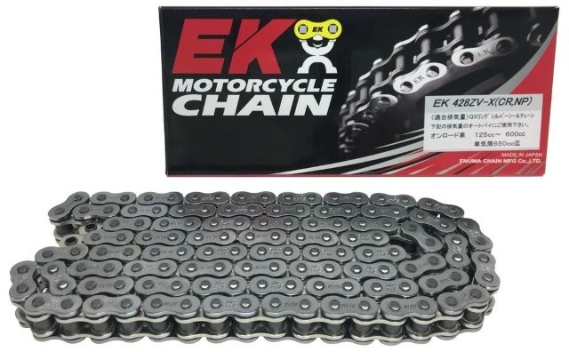 江沼チェーン EK チェーン サイズ : 428ZV-X(CR;NP) リンク数 : 144 ジョイント : SKJ ジョイントタイプ : 圧入クリップ カラー : シルバー