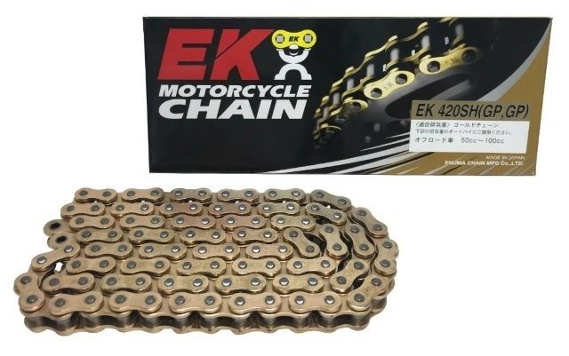 江沼チェーン EK チェーン/サイズ : 420SH(GP;GP)/リンク数 : 120/付属ジョイント : SPJ/ジョイントタイプ : クリップ/カラー : ゴールド/420SH-120