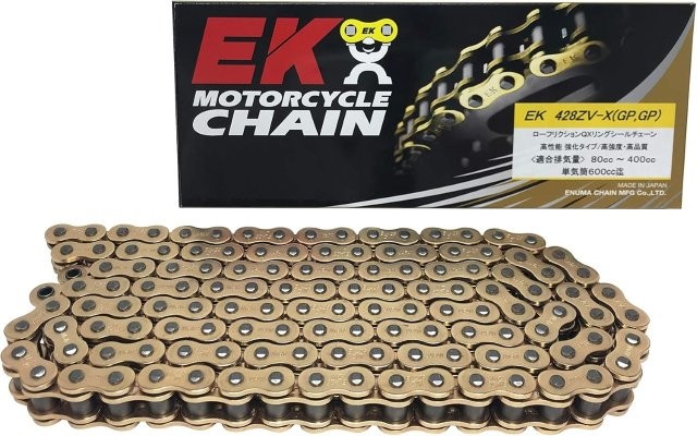 江沼チェーン EK チェーン サイズ : 428ZV-X(GP;GP) リンク数 : 126 ジョイント : MLJ ジョイントタイプ : カシメ カラー : ゴールド|MOTO-OCC 店