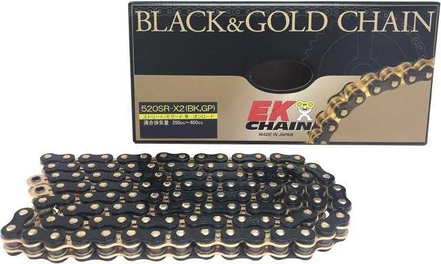 /江沼チェーン EK チェーン/サイズ : 520SR-X2(BK;GP)P=GP/リンク数 : 132/ジョイント : MLJ/ジョイントタイプ : カシメ/カラー : ブラック/ゴールド｜MOTO-OCC 店
