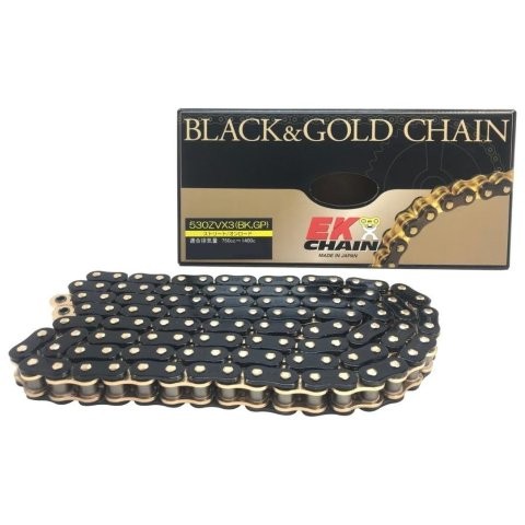 /江沼チェーン EK チェーン/サイズ : 530ZV-X3(BK;GP)P=GP/リンク数 : 108/ジョイント : MLJ/ジョイントタイプ : カシメ/カラー : ブラック/ゴールド|MOTO-OCC 店