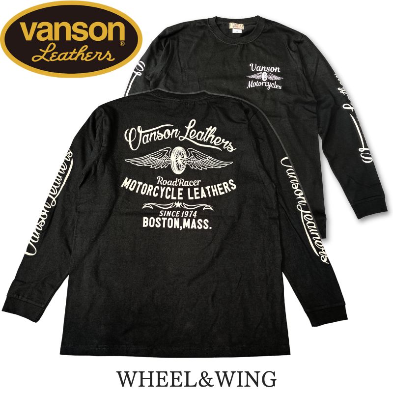 VANSON　バンソン　プリント長袖Ｔシャツ「WHEEL & WING」ホイール＆ウィング【モトブルーズ別注】