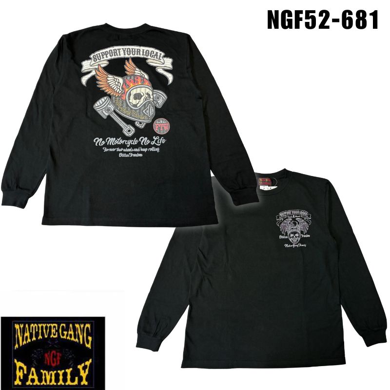 CHIGIRI|NATIVE GANG FAMILY NO MOTORCYCLE NO LIFE カラー:ブラック ロンT 長袖 長袖Tシャツ (NGF52-681BK)