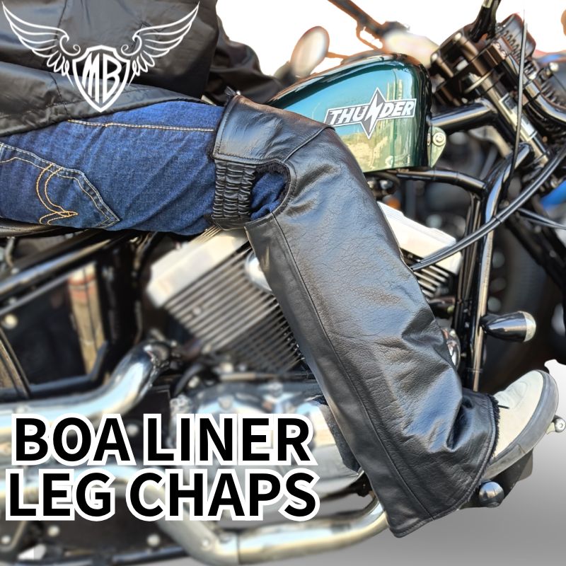 MOTOBLUEZ　ボアライナーレッグチャップス（膝パッド付）MB-CL03｜ワンサイズ｜ブラック　極暖　BOA LINER　LEG CHAPS　 本革　レッグウォーマー　裏ボア　モトブルーズ｜MOTOBLUEZ（モトブルーズ）
