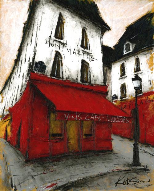中野克彦 モンマルトルの赤いカフェ・2 パリ 絵画 風景画 フランス 油絵 インテリア 一点物 プレゼント コレクション 新築祝い 開店祝い 新品額付き 全国送料無料 ■