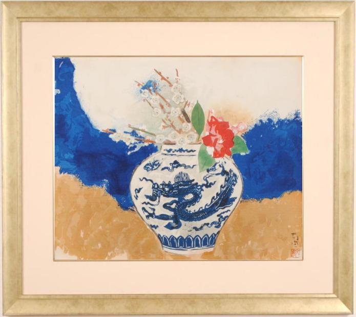 堅山南風 龍の花瓶 花 絵画 梅 椿 和風 インテリア 木版画 プレゼント コレクション 新築祝い 開店祝い 新品額付き 国内送料無料 ■