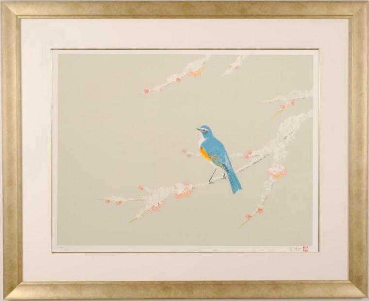 野々内良樹 冬栄-瑠璃鳥 インテリア 絵画 鳥 日本画 ルリビタキ 和風 リトグラフ 版画 プレゼント コレクション 新築祝い 開店祝い 新品額付き 国内送料無料 ■