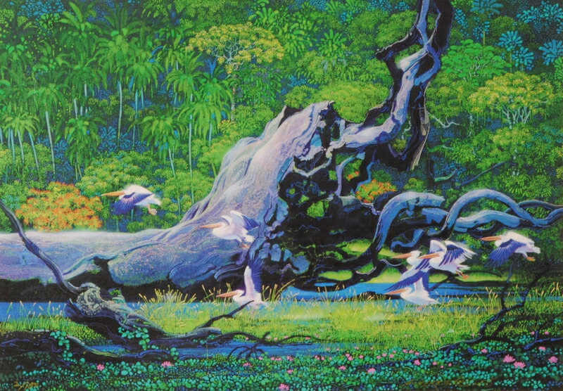 ペリカン 絵画 鳥 風景画 メラネシア ソロモン諸島 ジークレー 版画 磯野宏夫 「ソロモン・ウィンド」 額付き 国内送料無料|アートギャラリーモトカワ