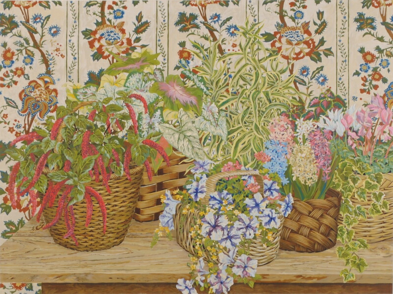 花 絵画 静物画 シルクスクリーン 版画 ジョン・ポーウェル 「ウィッカー・バスケット」 額付き 国内送料無料|アートギャラリーモトカワ
