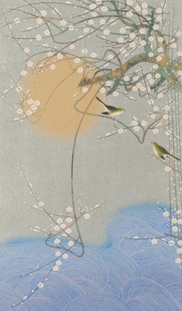 梅 絵画 花 鶯 源氏物語 和風 日本画家 リトグラフ 版画 石踊達哉 「初音」 額付き　国内送料無料