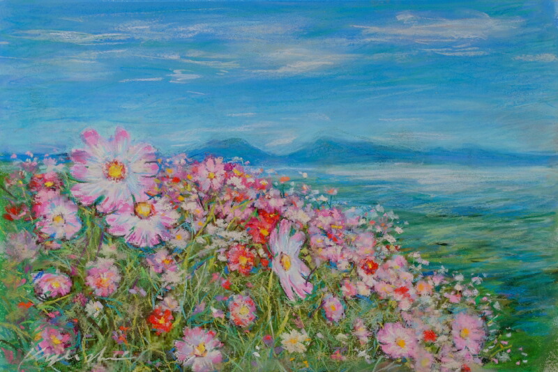 楽天市場】コスモス 絵画 花 油絵 田中清 「水辺のコスモス」 額