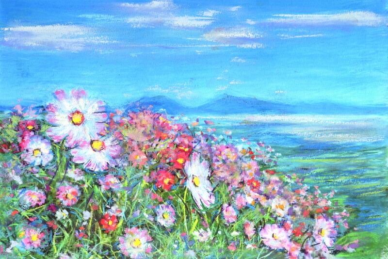 コスモス 絵画 花 阿蘇 風景画 絵 熊本 ジークレー 版画 石井清 「コスモス・B・G」 額付き　国内送料無料｜アートギャラリーモトカワ