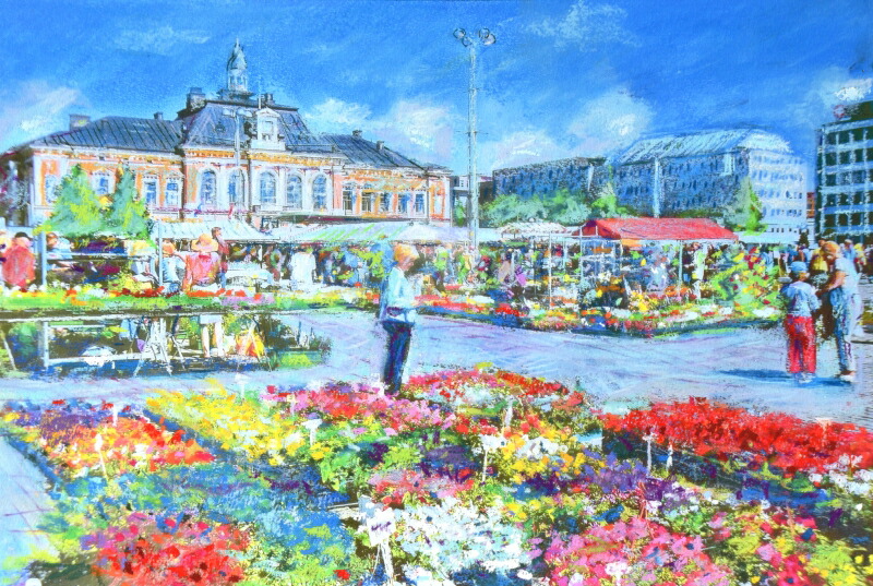 フィンランド 絵画 風景画 北欧 ジークレー 版画 石井清 「クオピオの花市場・G」 額付き 国内送料無料