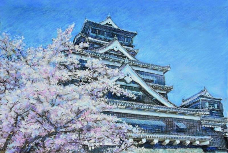 最大45%OFFクーポン 熊本城 絵画 桜 風景画 パステル画 石井清 熊本城の春 C 額付き 国内送料無料