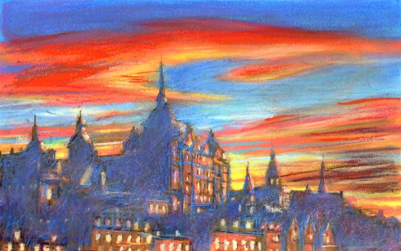 スウェーデン 絵画 風景画 ストックホルム ガムラスタン旧市街 インテリア ジークレー 版画 石井清 「赤い雲・G」 額付き 国内送料無料|アートギャラリーモトカワ