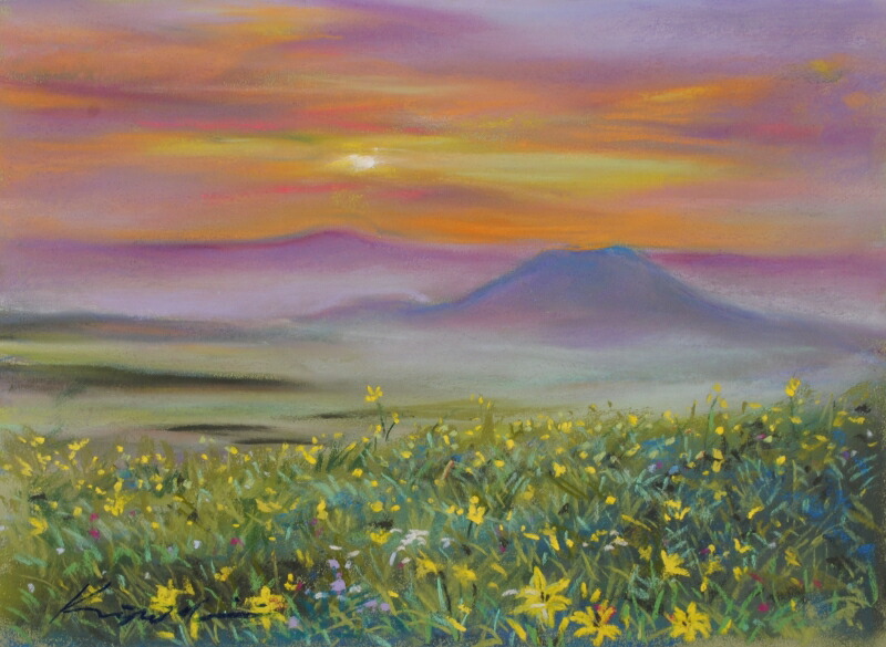 楽天市場】阿蘇 絵画 風景画 パステル画 石井清 「阿蘇・米塚」 額付き