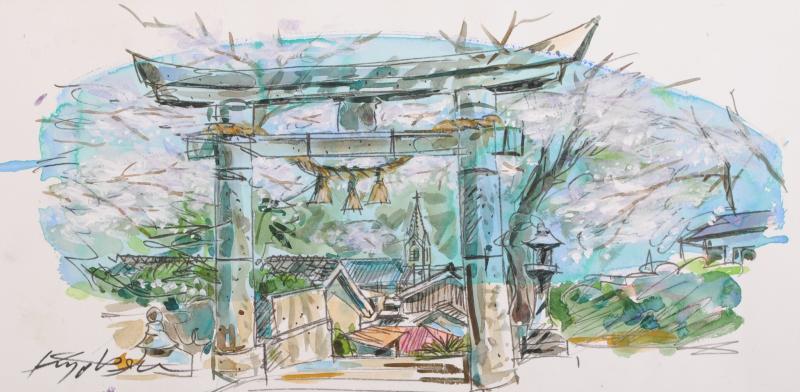 当店在庫してます 作家名 石井清 作品名 桜咲く崎津天主堂 C パステル画 クレヨン画 Tesorosguanajuato Com