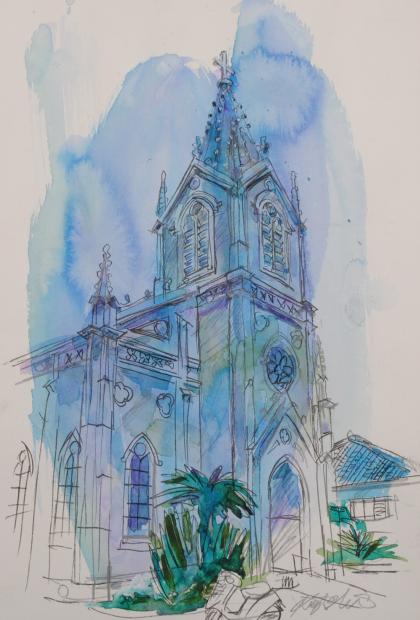 石井清 崎津天主堂 熊本県天草 風景画 絵画 世界遺産登録 水彩画 額付き 国内送料無料