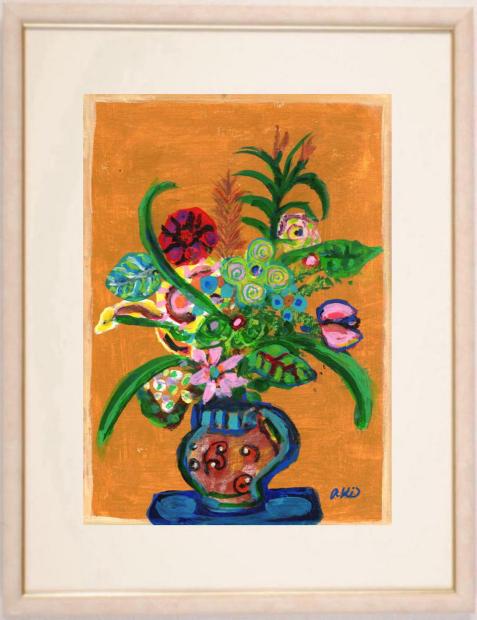 秋永清二 山吹色の背景の花束 花 絵画 静物画 インテリア ミクストメディア 一点物 プレゼント コレクション 新築祝い 開店祝い 新品額付き 国内送料無料 ■|アートギャラリーモトカワ